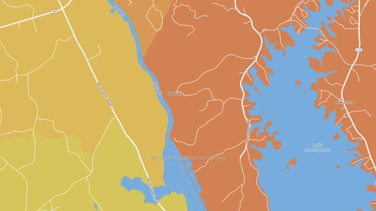Map of the best neighborhoods in the Dawkins area, with better matches in green and worse matches in red