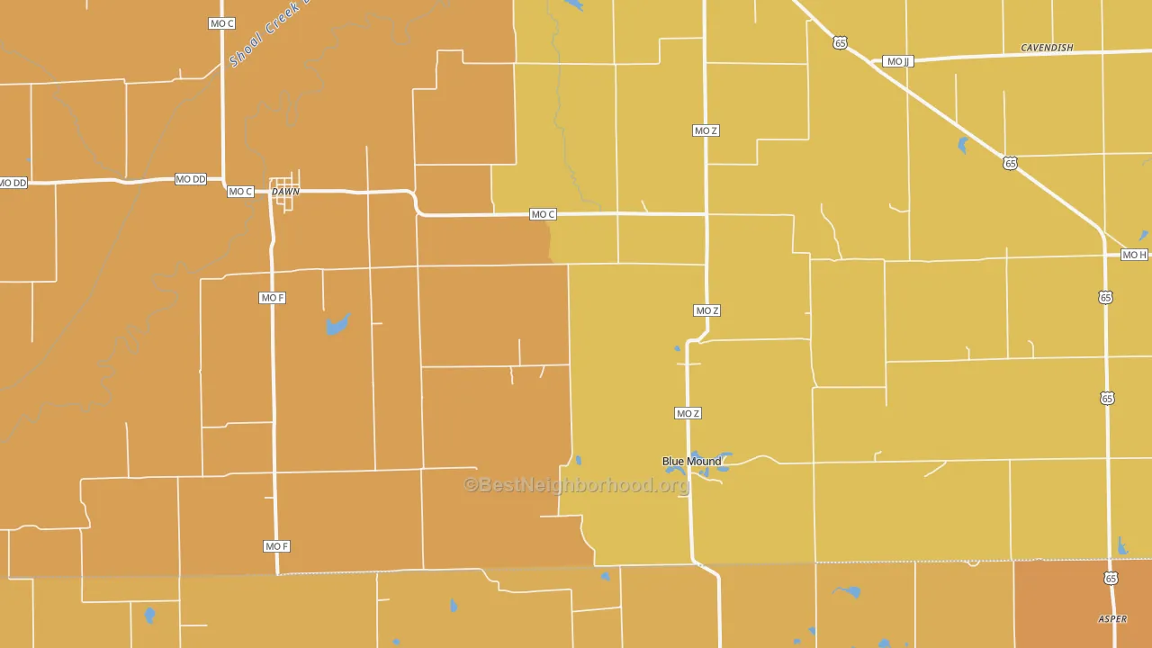 Map of the best neighborhoods in the Dawn area, with better matches in green and worse matches in red