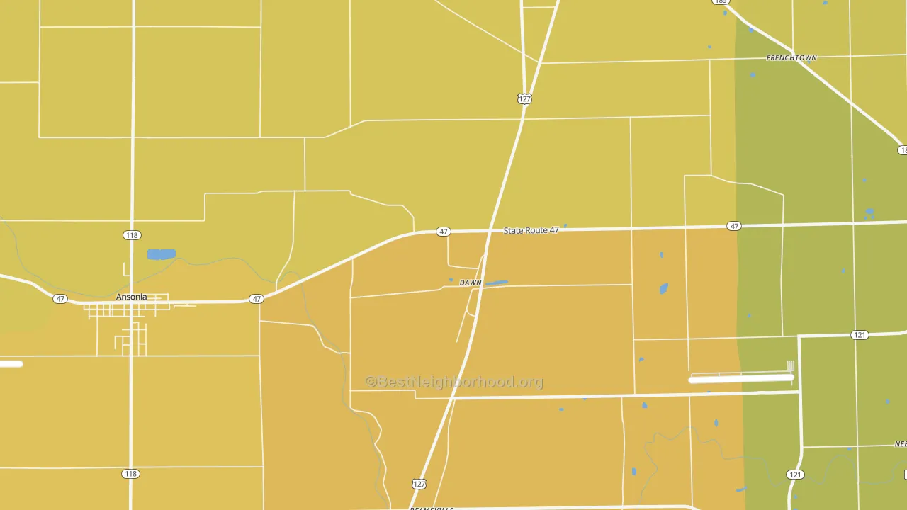 Map of the best neighborhoods in the Dawn area, with better matches in green and worse matches in red