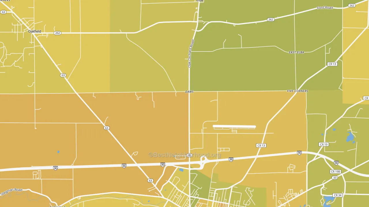Map of the best neighborhoods in the Daws area, with better matches in green and worse matches in red