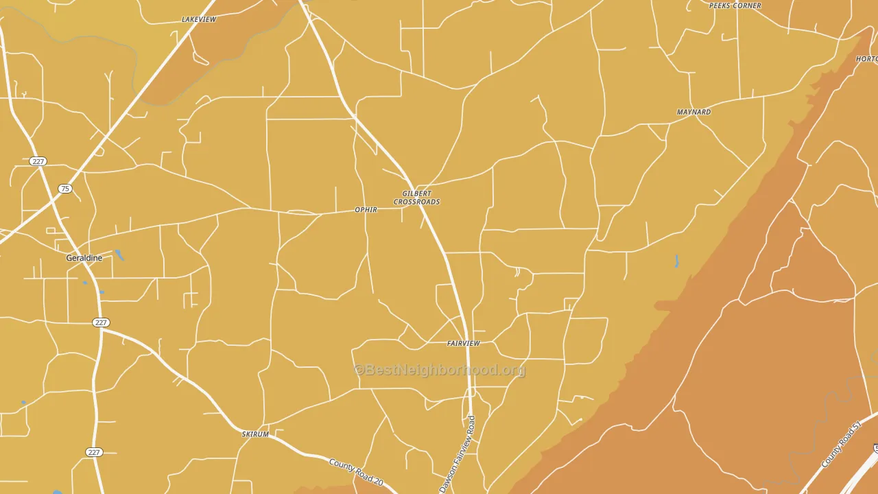 Map of the best neighborhoods in the Dawson area, with better matches in green and worse matches in red