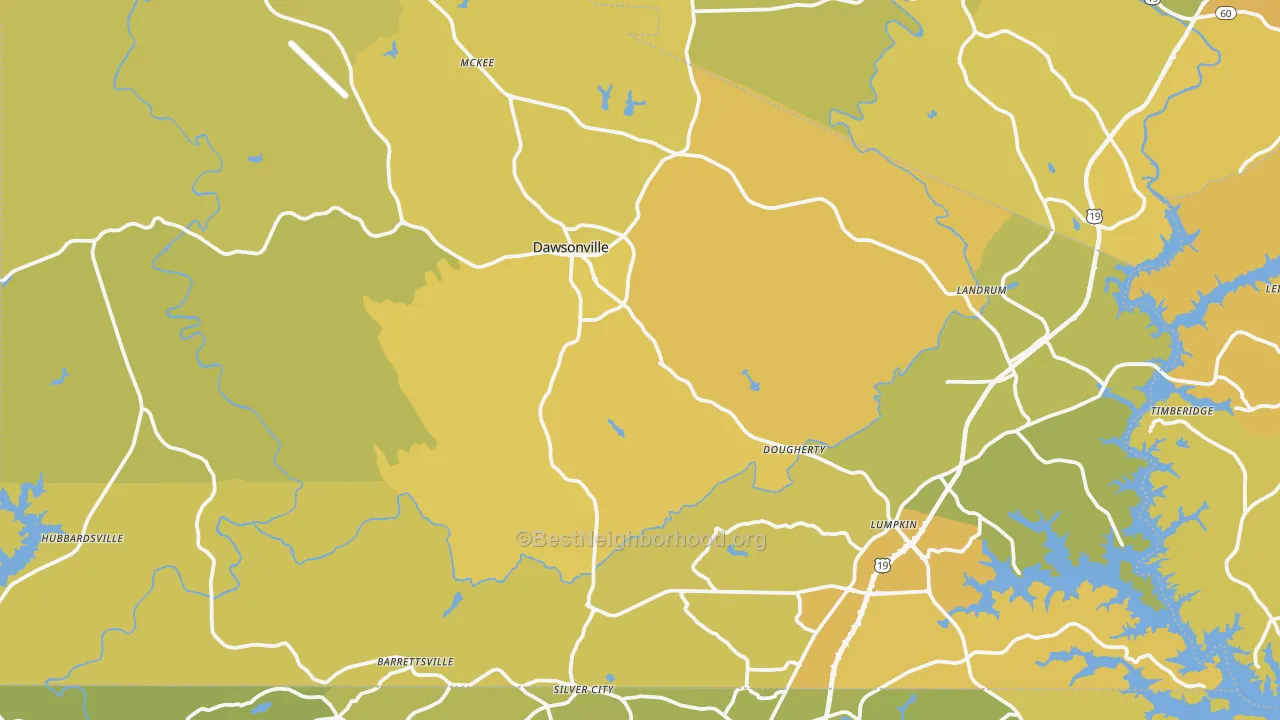 Map of the best neighborhoods in the Dawson County area, with better matches in green and worse matches in red