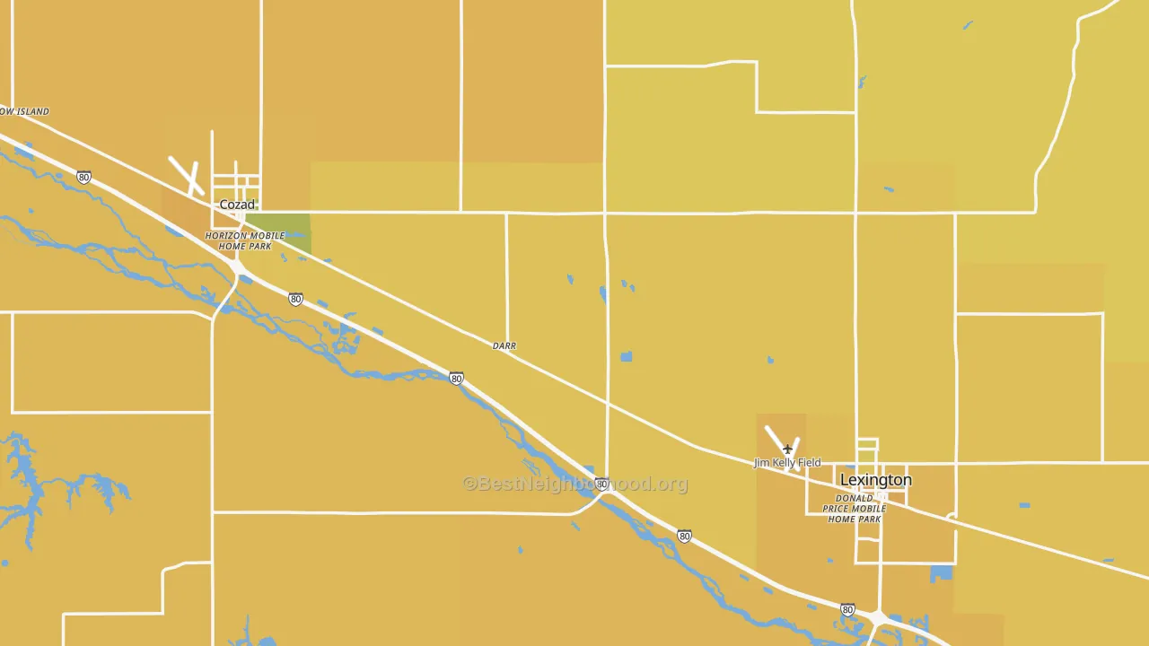 Map of the best neighborhoods in the Dawson County area, with better matches in green and worse matches in red