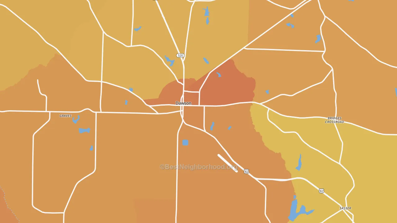 Map of the best neighborhoods in the Dawson area, with better matches in green and worse matches in red