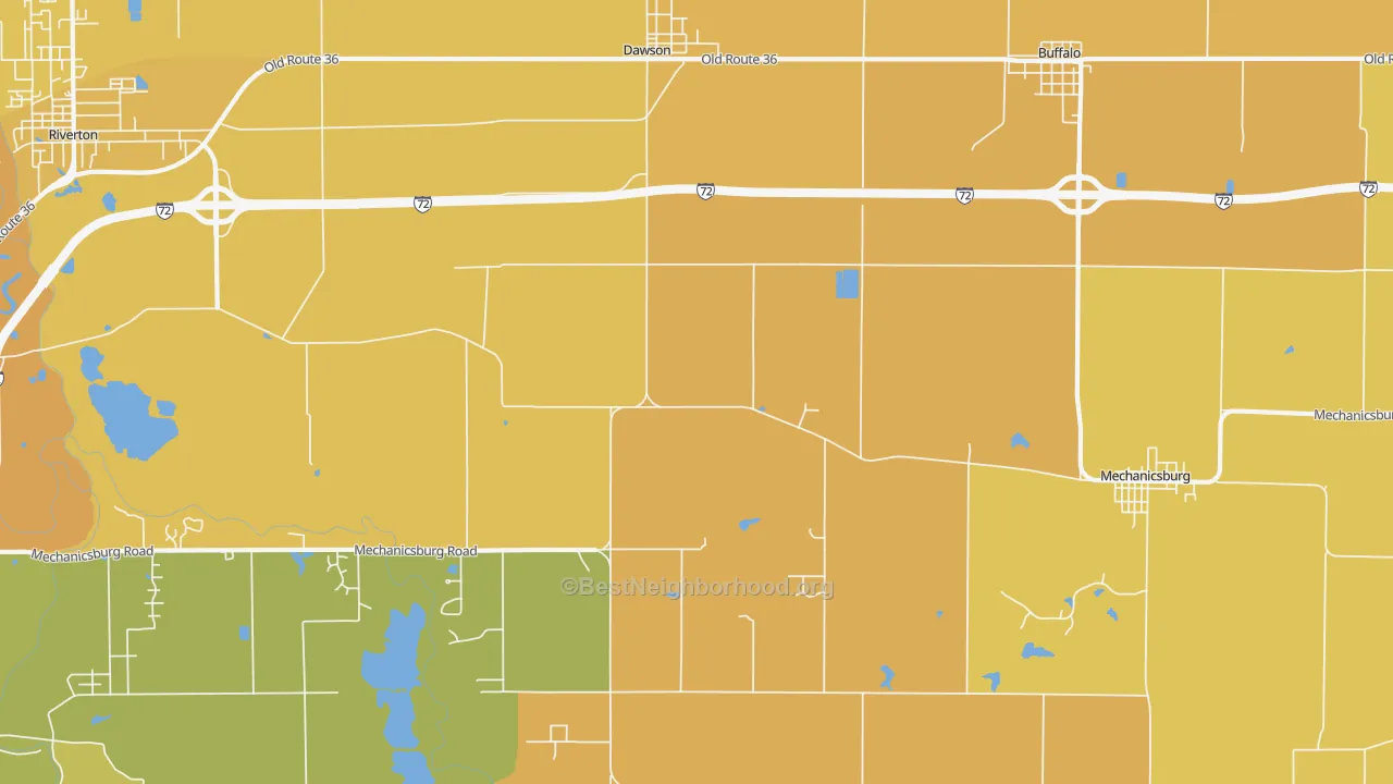 Map of the best neighborhoods in the Dawson area, with better matches in green and worse matches in red