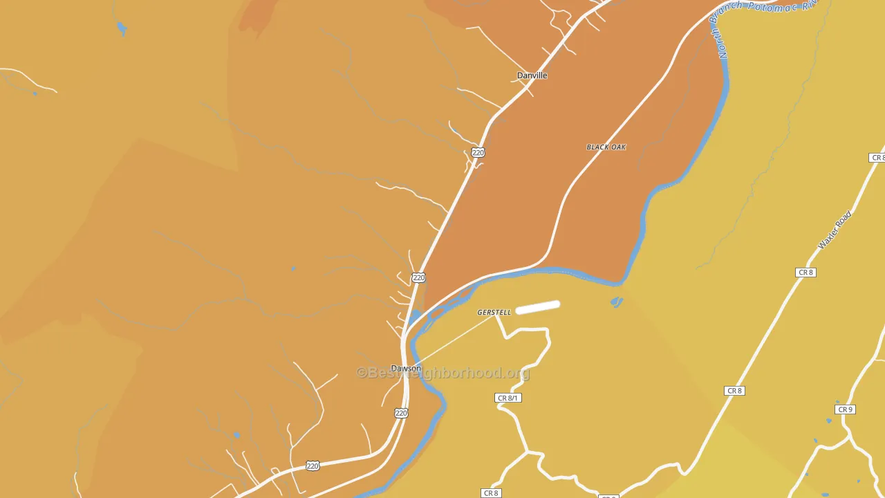 Map of the best neighborhoods in the Dawson area, with better matches in green and worse matches in red