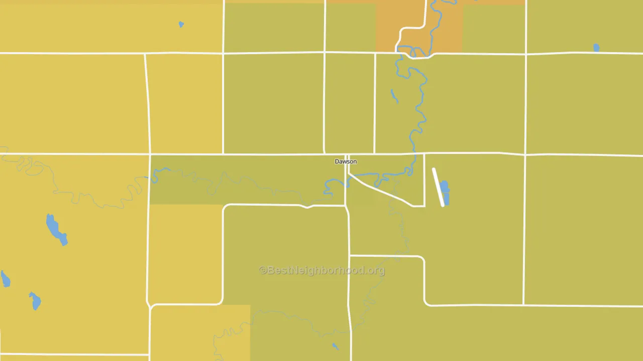 Map of the best neighborhoods in the Dawson area, with better matches in green and worse matches in red