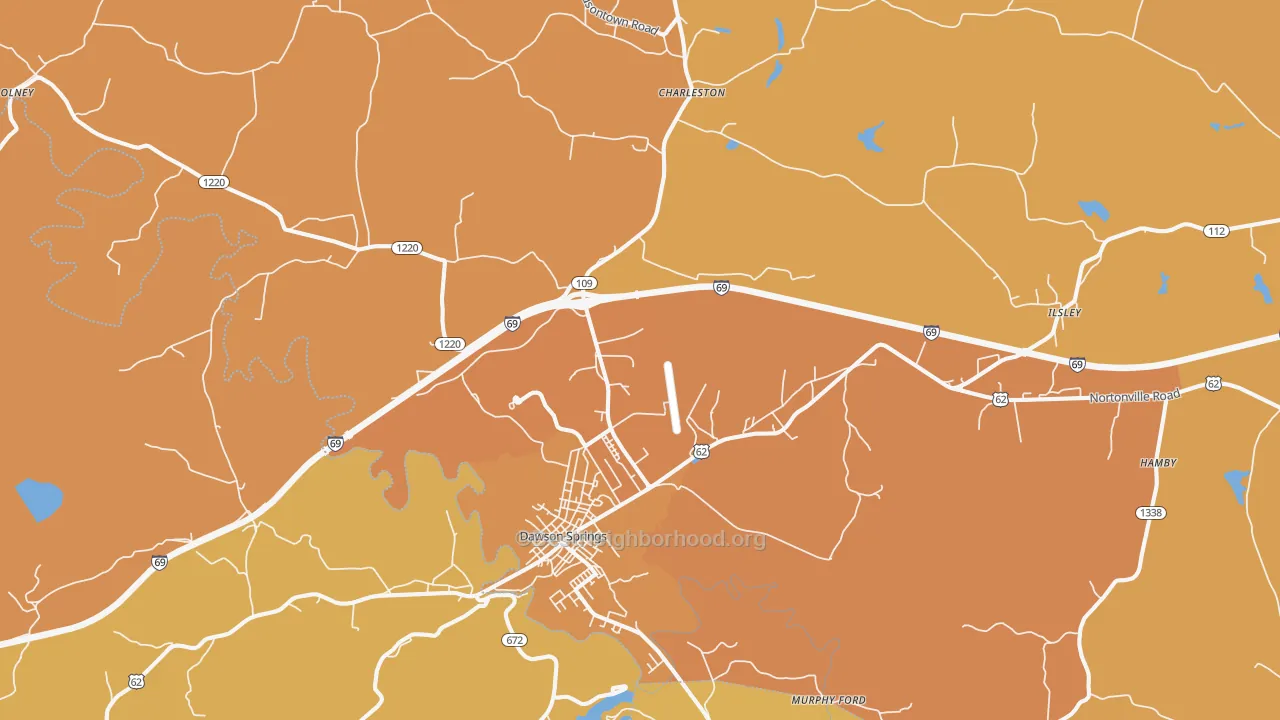 Map of the best neighborhoods in the Dawson Springs area, with better matches in green and worse matches in red