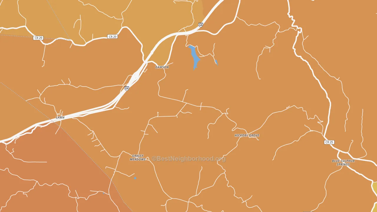 Map of the best neighborhoods in the Dawson area, with better matches in green and worse matches in red