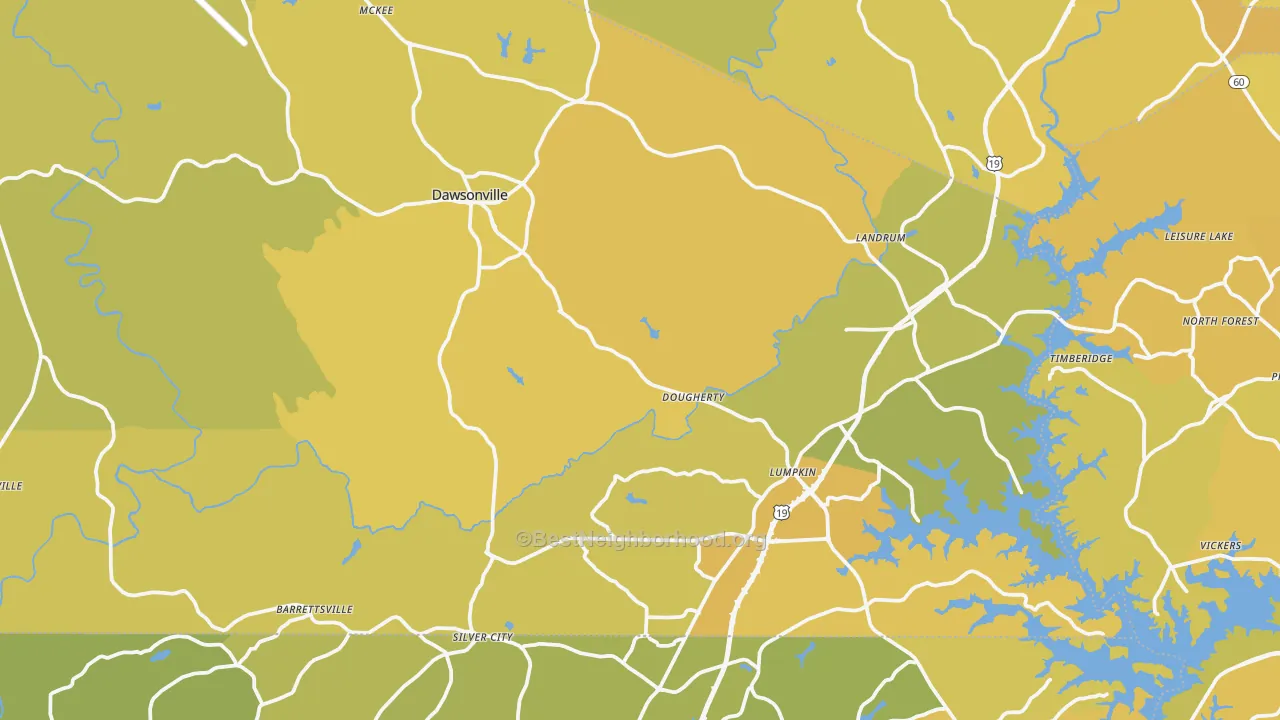 Map of the best neighborhoods in the Dawsonville area, with better matches in green and worse matches in red