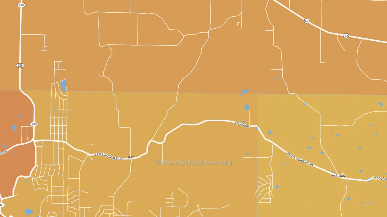Map of the best neighborhoods in the Day area, with better matches in green and worse matches in red
