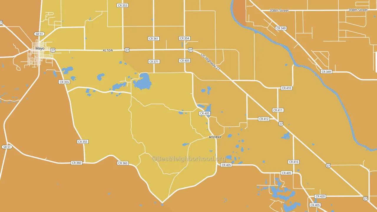 Map of the best neighborhoods in the Day area, with better matches in green and worse matches in red