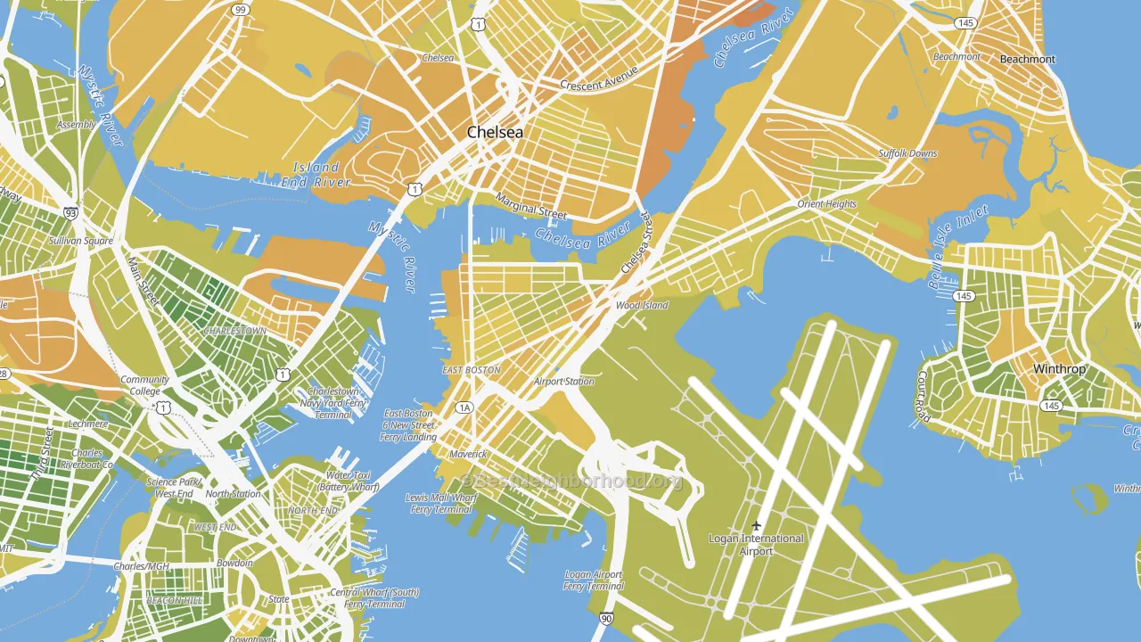 Map of the best neighborhoods in the Day Square, Boston area, with better matches in green and worse matches in red