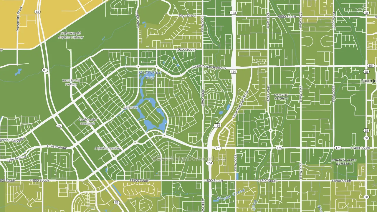 Map of the best neighborhoods in the Daybreak, South Jordan area, with better matches in green and worse matches in red