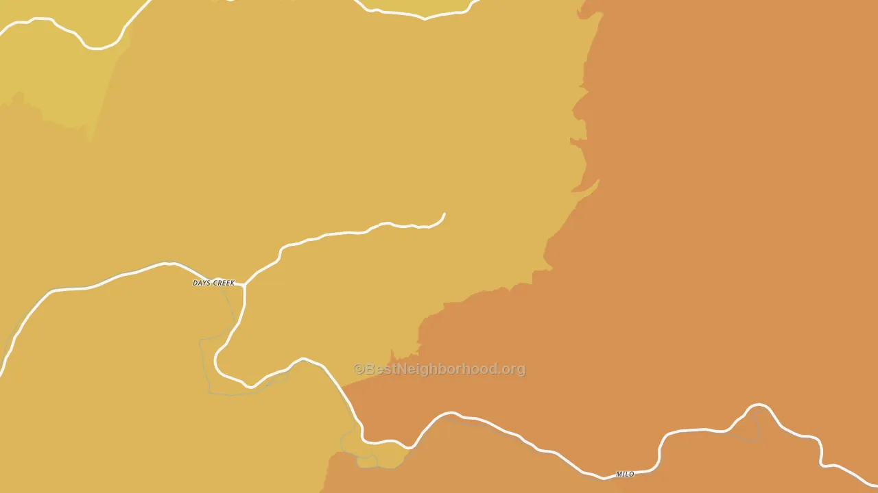 Map of the best neighborhoods in the Days Creek area, with better matches in green and worse matches in red