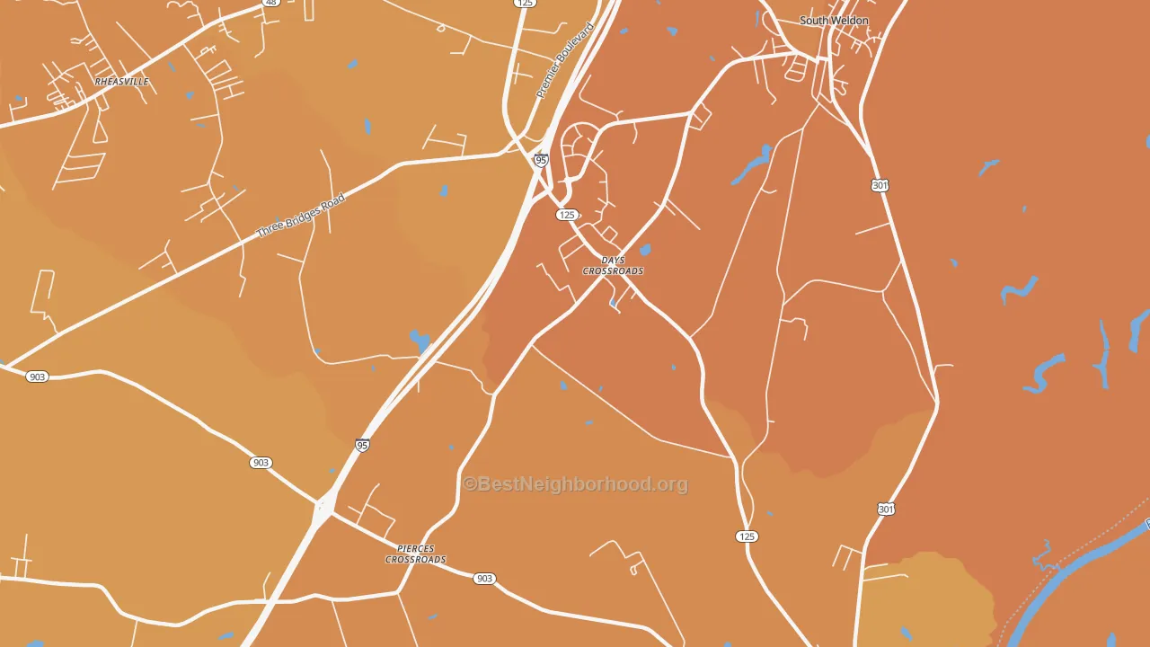 Map of the best neighborhoods in the Days Crossroads area, with better matches in green and worse matches in red