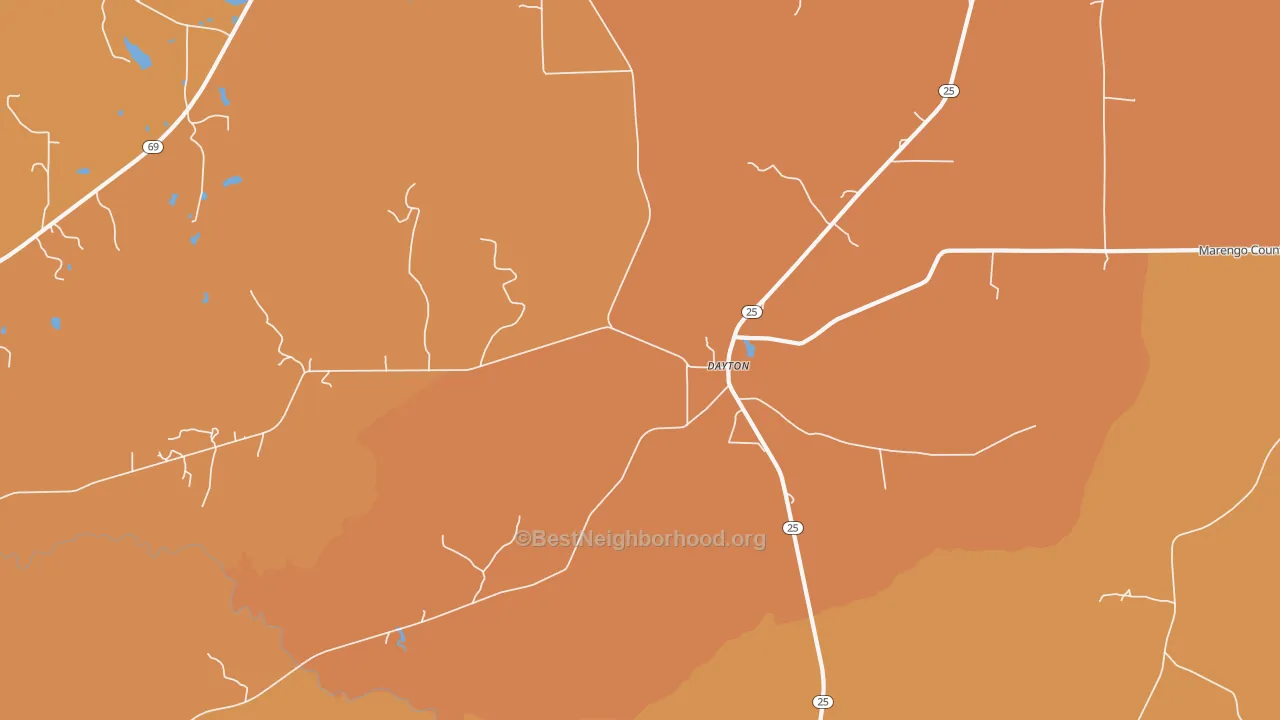 Map of the best neighborhoods in the Dayton area, with better matches in green and worse matches in red