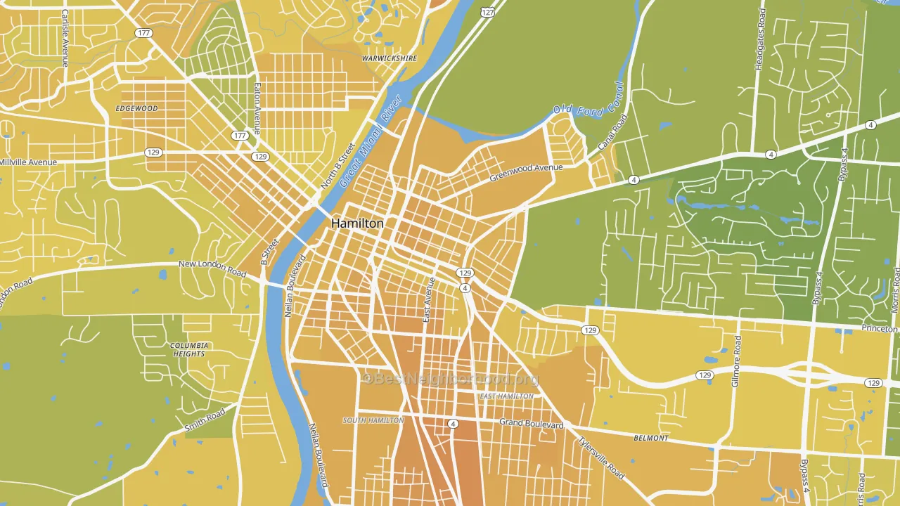Map of the best neighborhoods in the Dayton-Campbell Historic District, Hamilton area, with better matches in green and worse matches in red