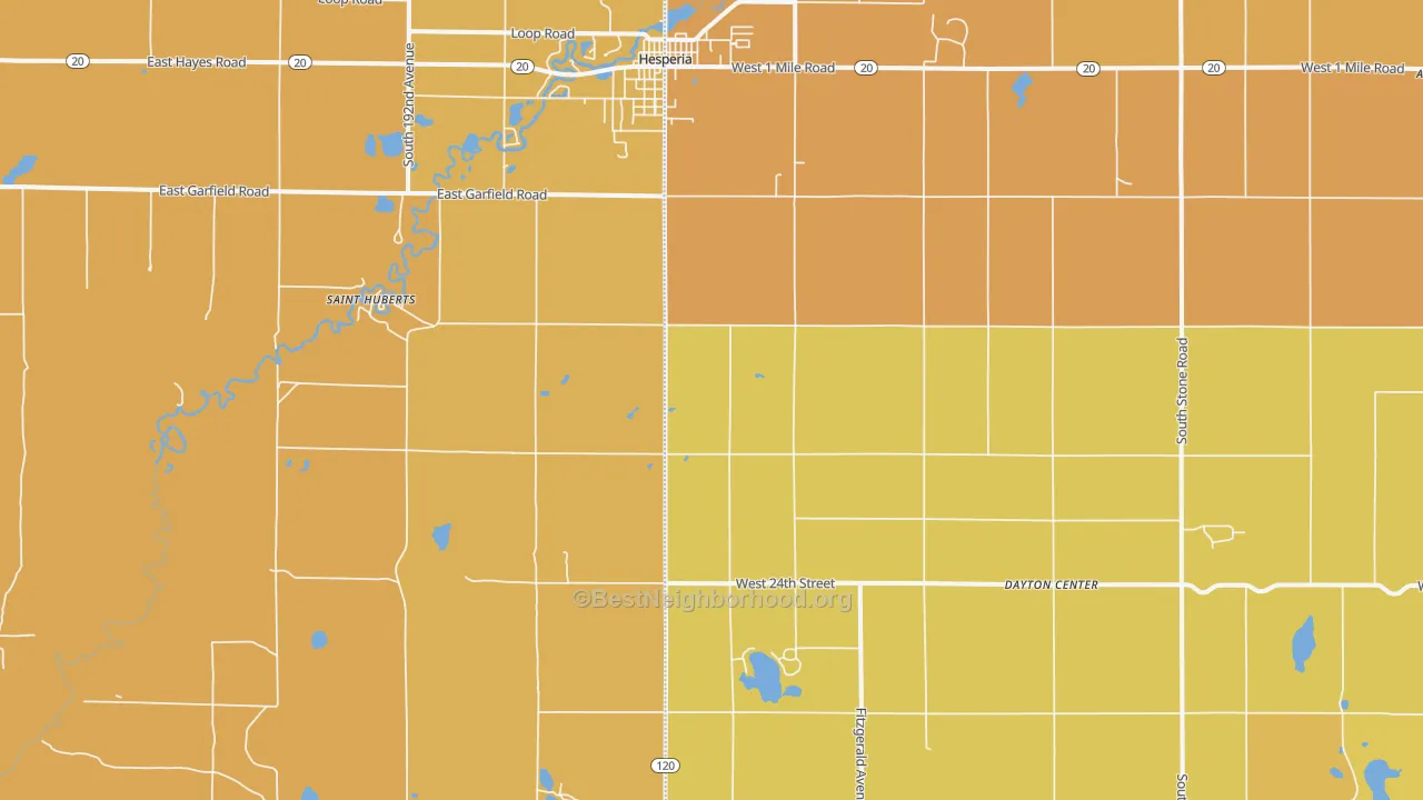 Map of the best neighborhoods in the Dayton Center area, with better matches in green and worse matches in red