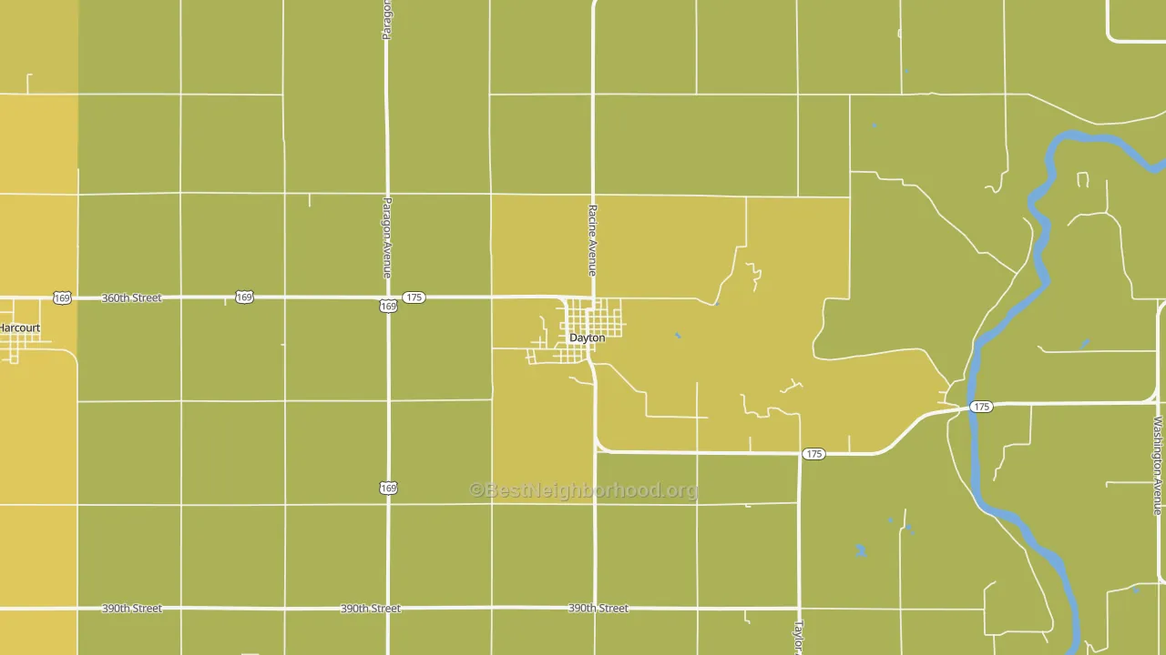 Map of the best neighborhoods in the Dayton area, with better matches in green and worse matches in red