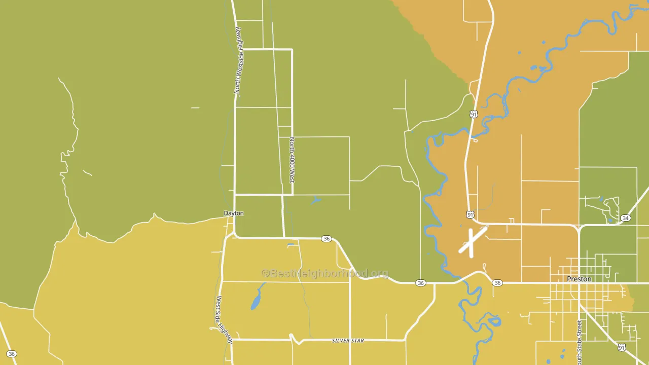 Map of the best neighborhoods in the Dayton area, with better matches in green and worse matches in red