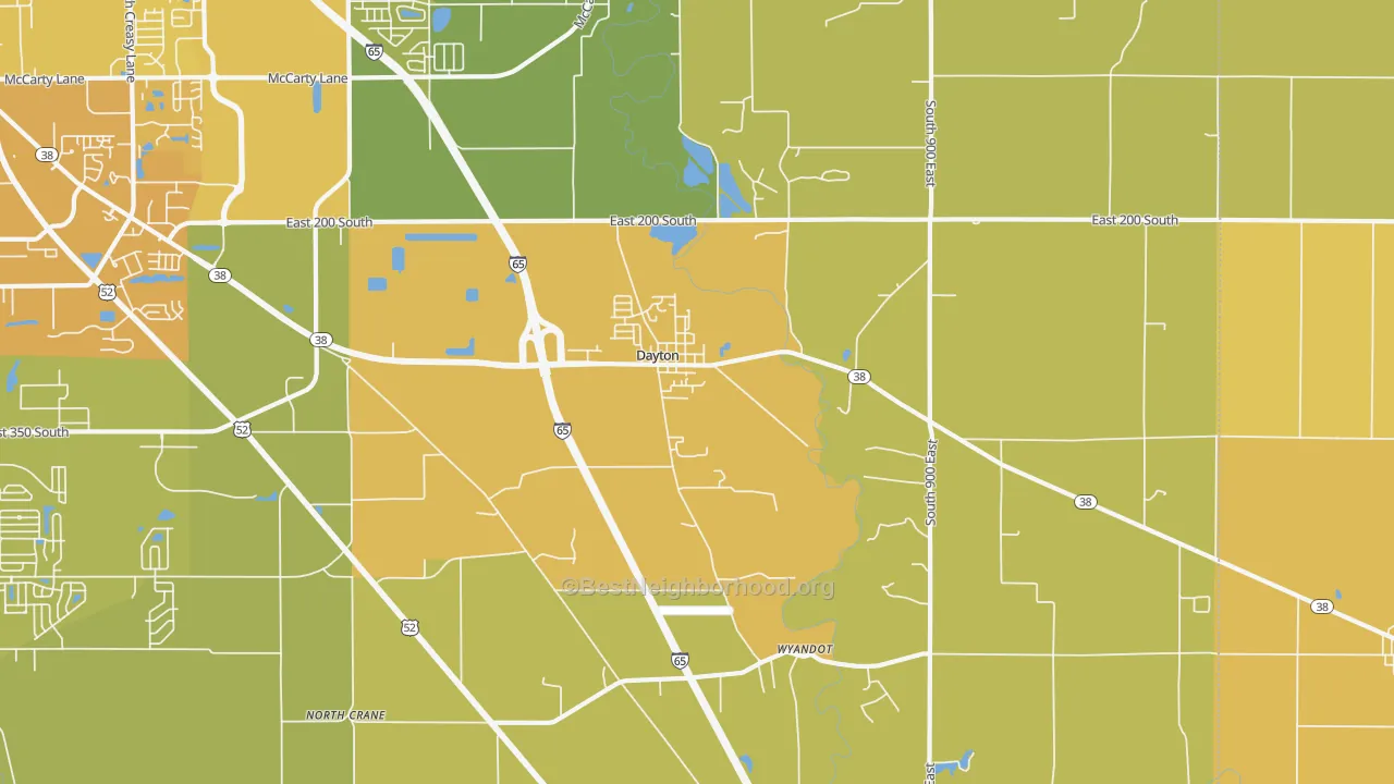 Map of the best neighborhoods in the Dayton area, with better matches in green and worse matches in red