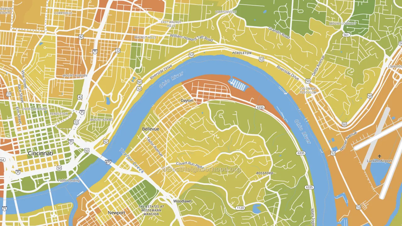 Map of the best neighborhoods in the Dayton area, with better matches in green and worse matches in red