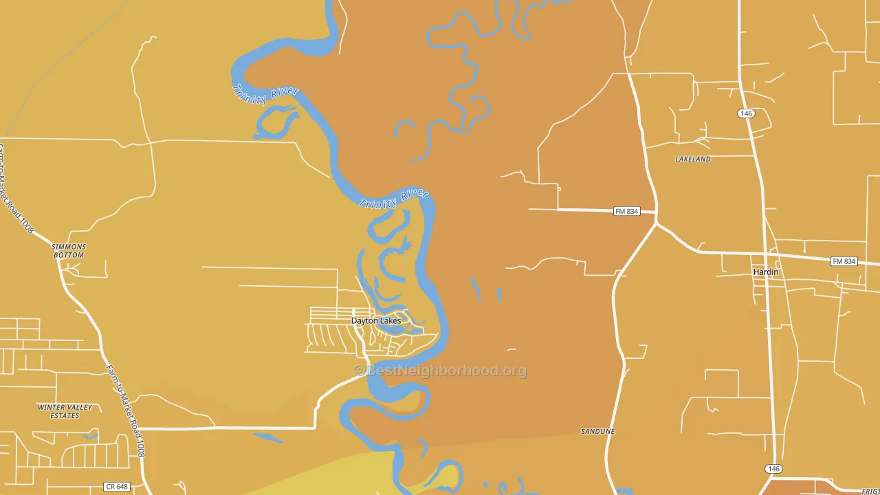 Map of the best neighborhoods in the Dayton Lakes area, with better matches in green and worse matches in red