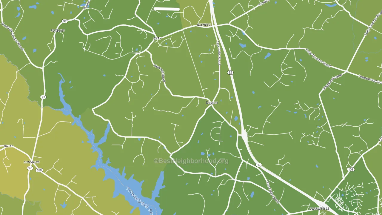 Map of the best neighborhoods in the Dayton area, with better matches in green and worse matches in red