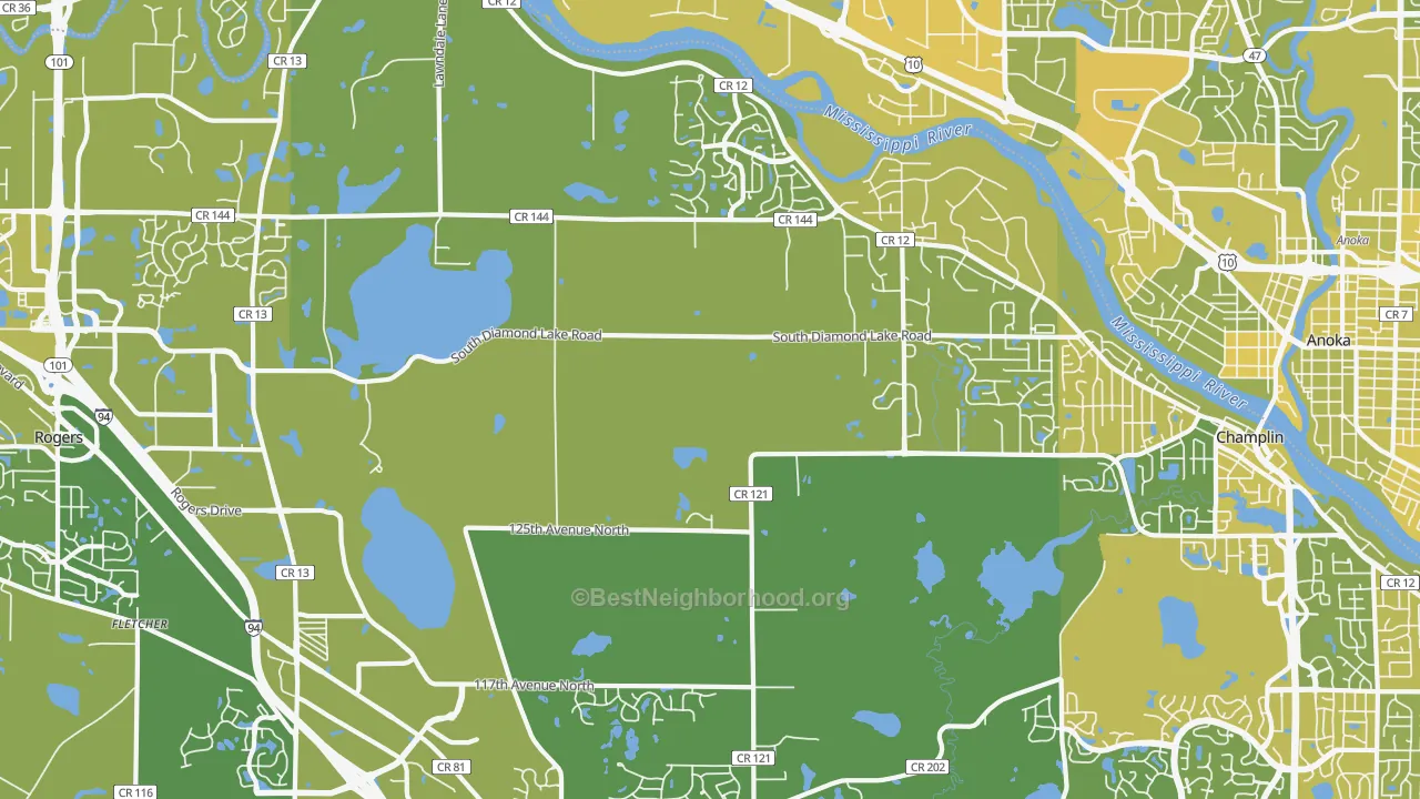 Map of the best neighborhoods in the Dayton area, with better matches in green and worse matches in red