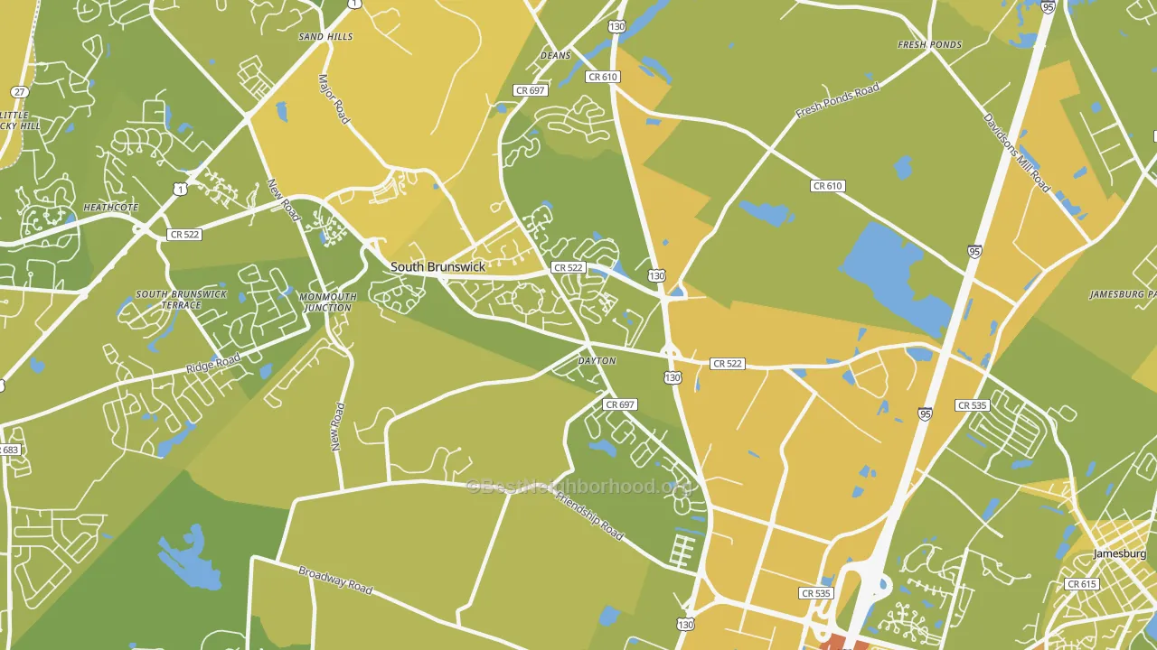 Map of the best neighborhoods in the Dayton area, with better matches in green and worse matches in red