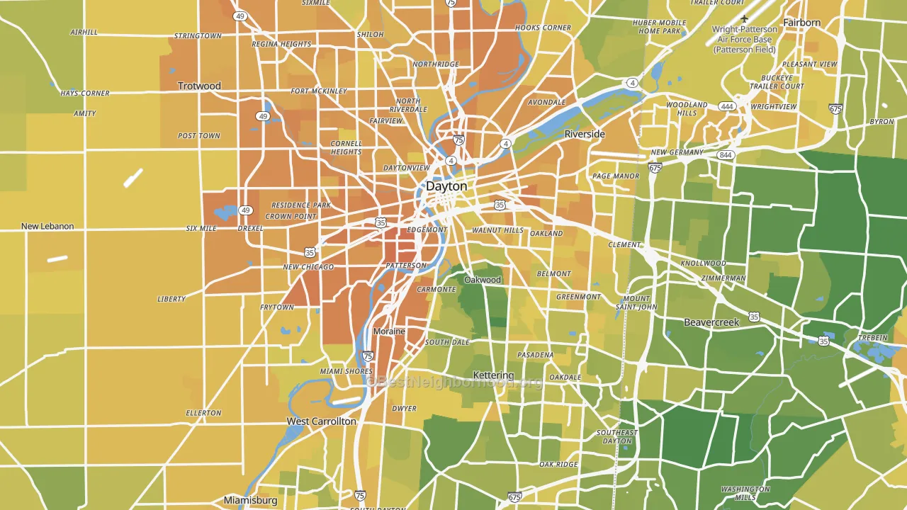 Map of the best neighborhoods in the Dayton Metro area, with better matches in green and worse matches in red