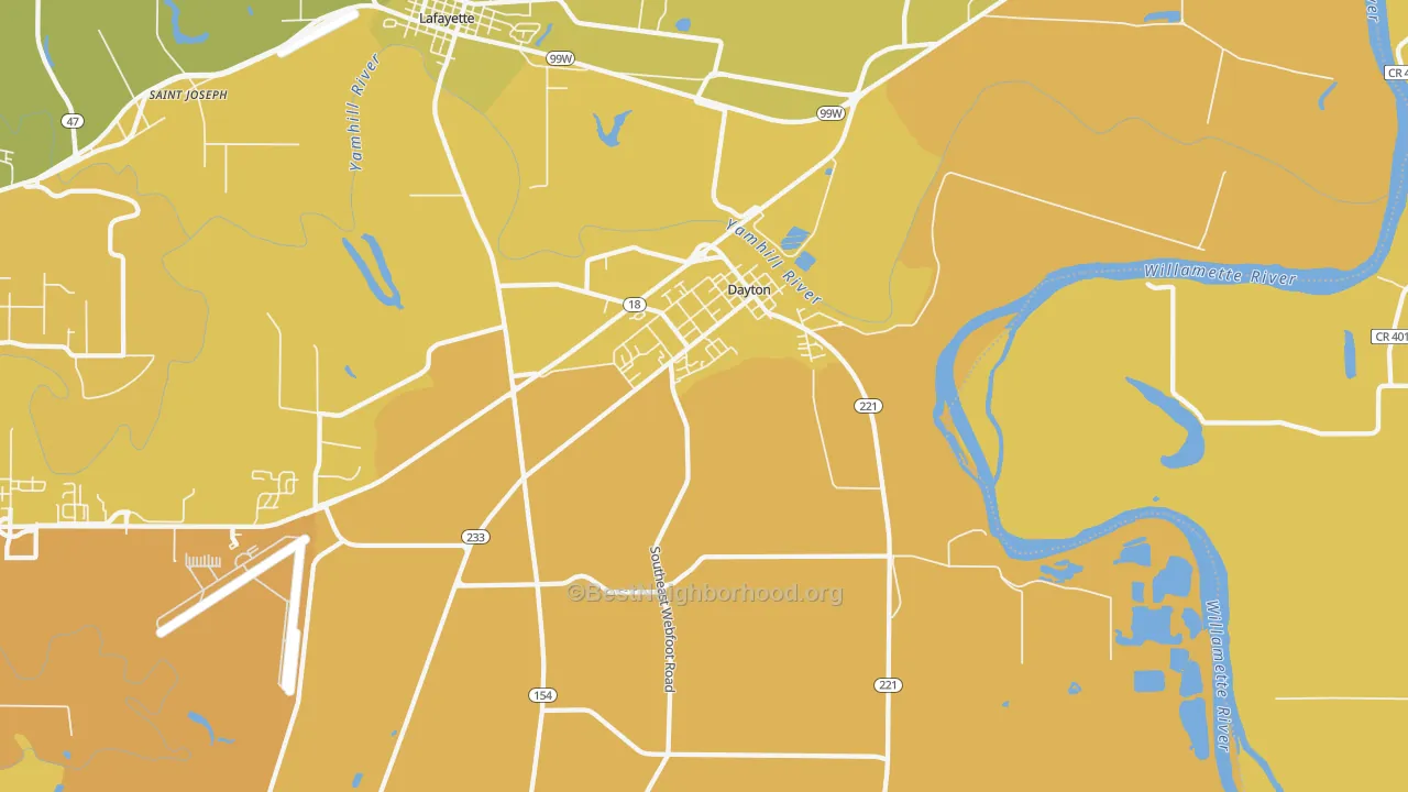 Map of the best neighborhoods in the Dayton area, with better matches in green and worse matches in red