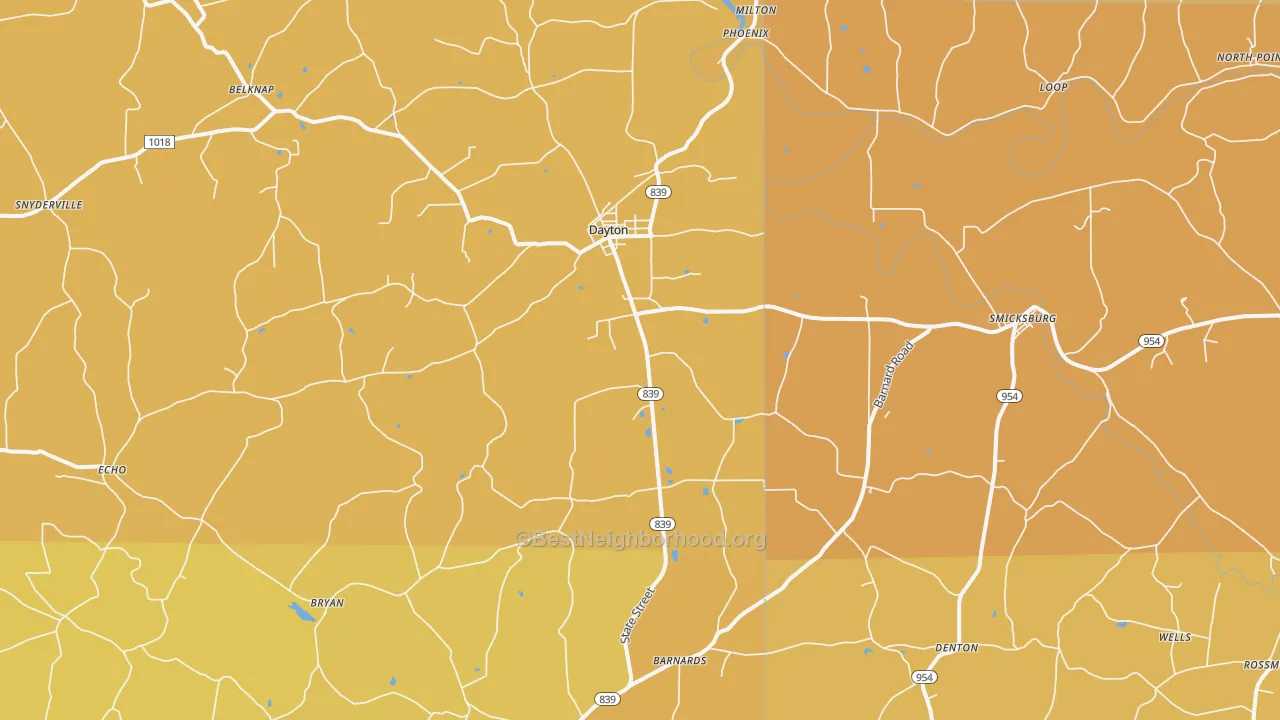 Map of the best neighborhoods in the Dayton area, with better matches in green and worse matches in red