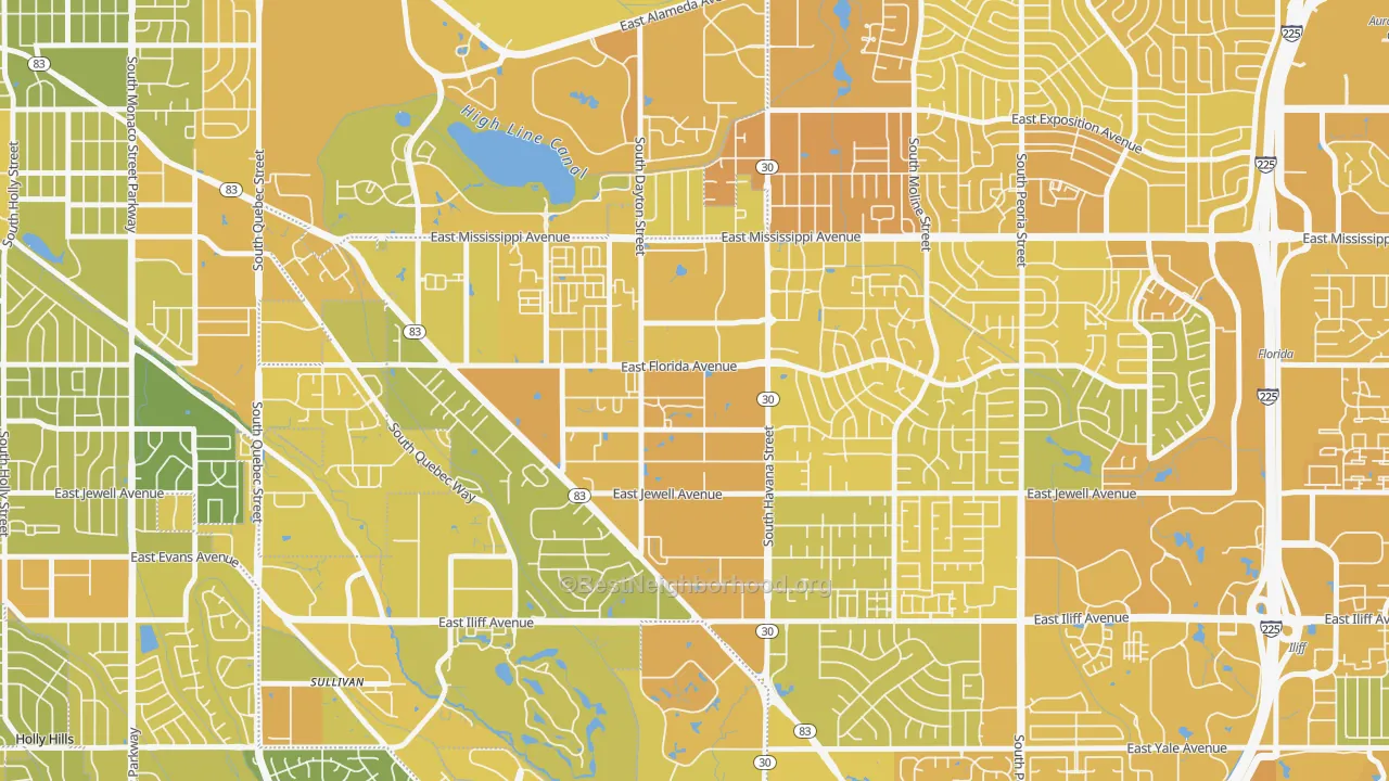 Map of the best neighborhoods in the Dayton Triangle, Aurora area, with better matches in green and worse matches in red