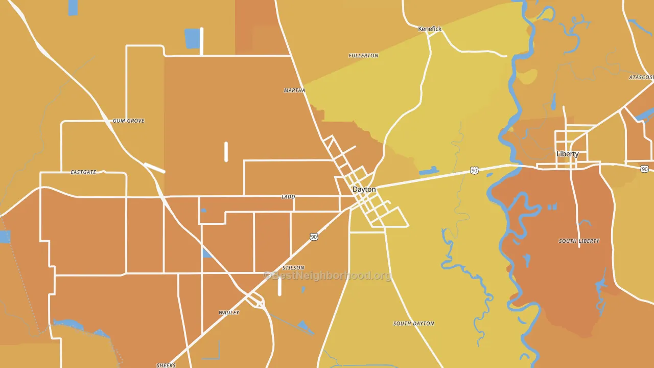 Map of the best neighborhoods in the Dayton area, with better matches in green and worse matches in red