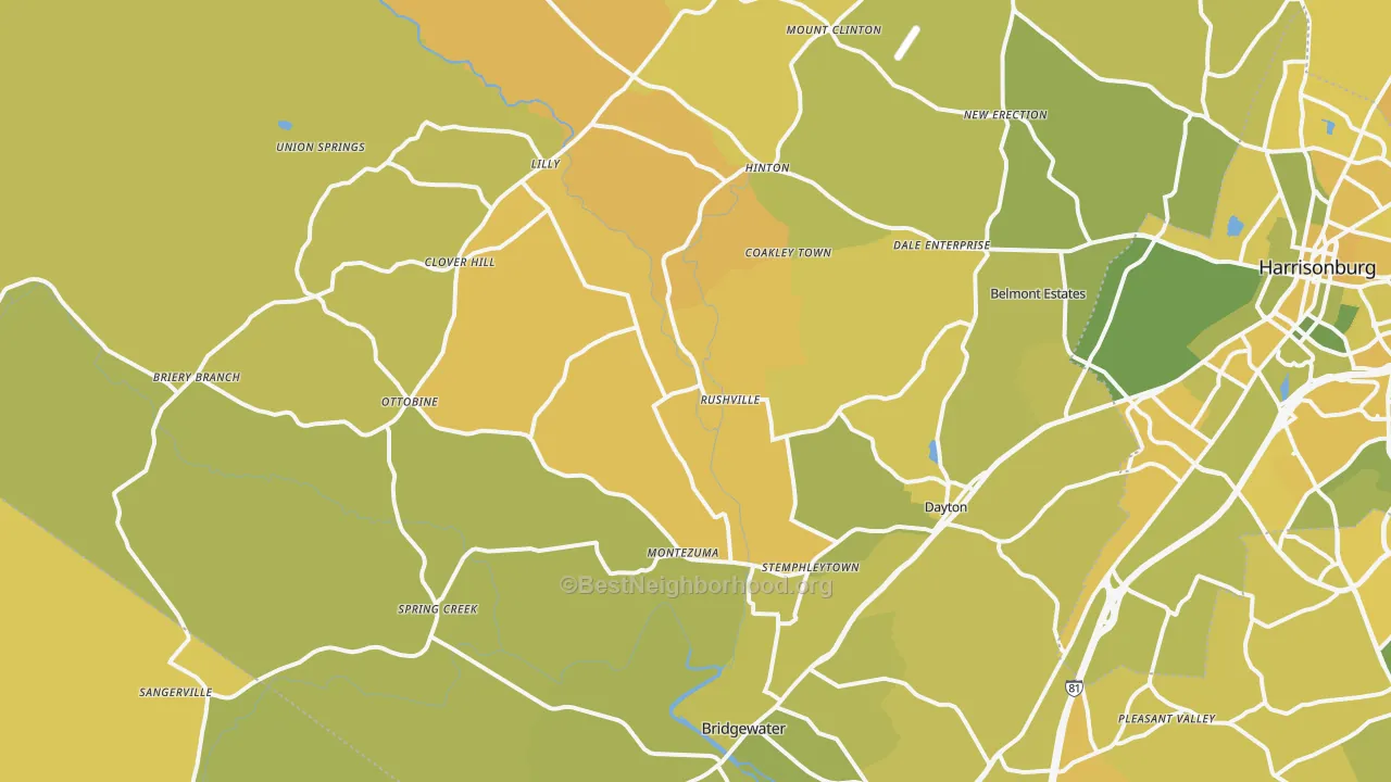 Map of the best neighborhoods in the Dayton area, with better matches in green and worse matches in red