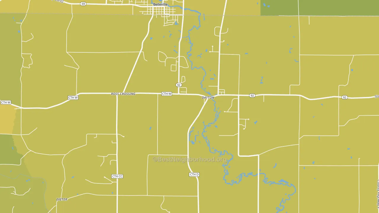 Map of the best neighborhoods in the Dayton area, with better matches in green and worse matches in red