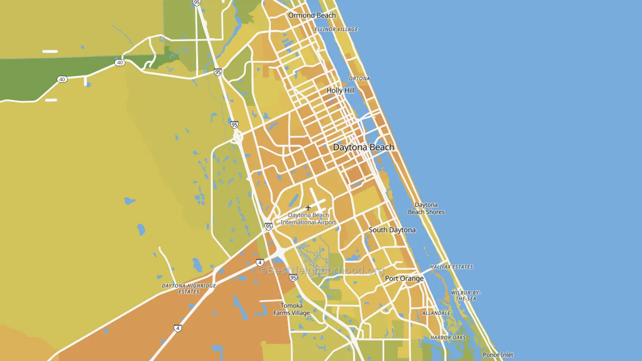 Map of the best neighborhoods in the Daytona Beach Metro area, with better matches in green and worse matches in red