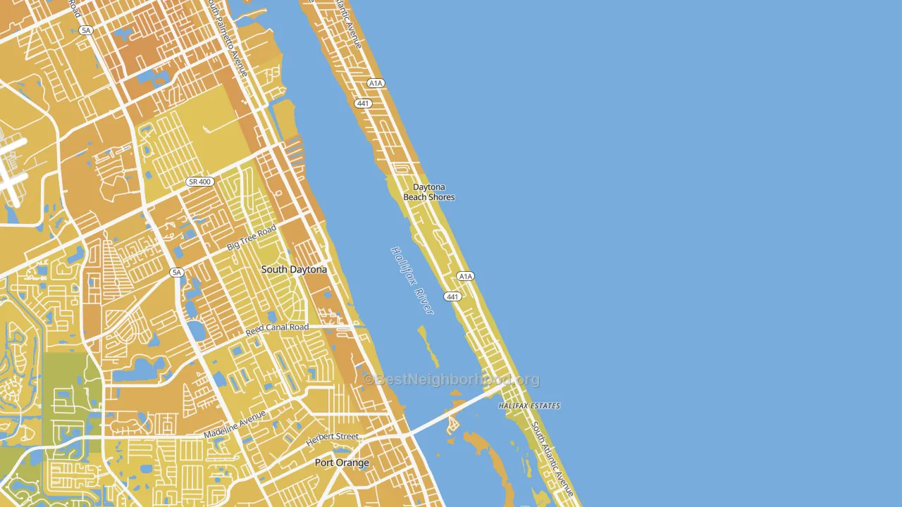 Map of the best neighborhoods in the Daytona Beach Shores area, with better matches in green and worse matches in red