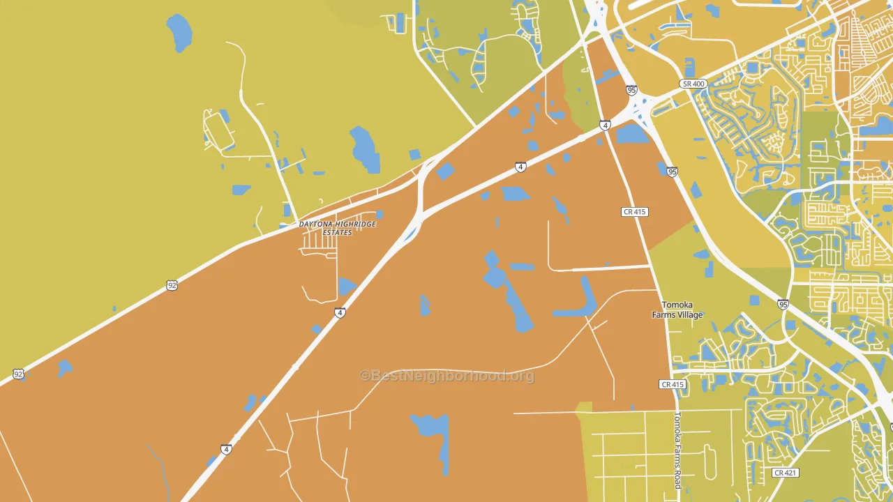 Map of the best neighborhoods in the Daytona Highridge Estates area, with better matches in green and worse matches in red