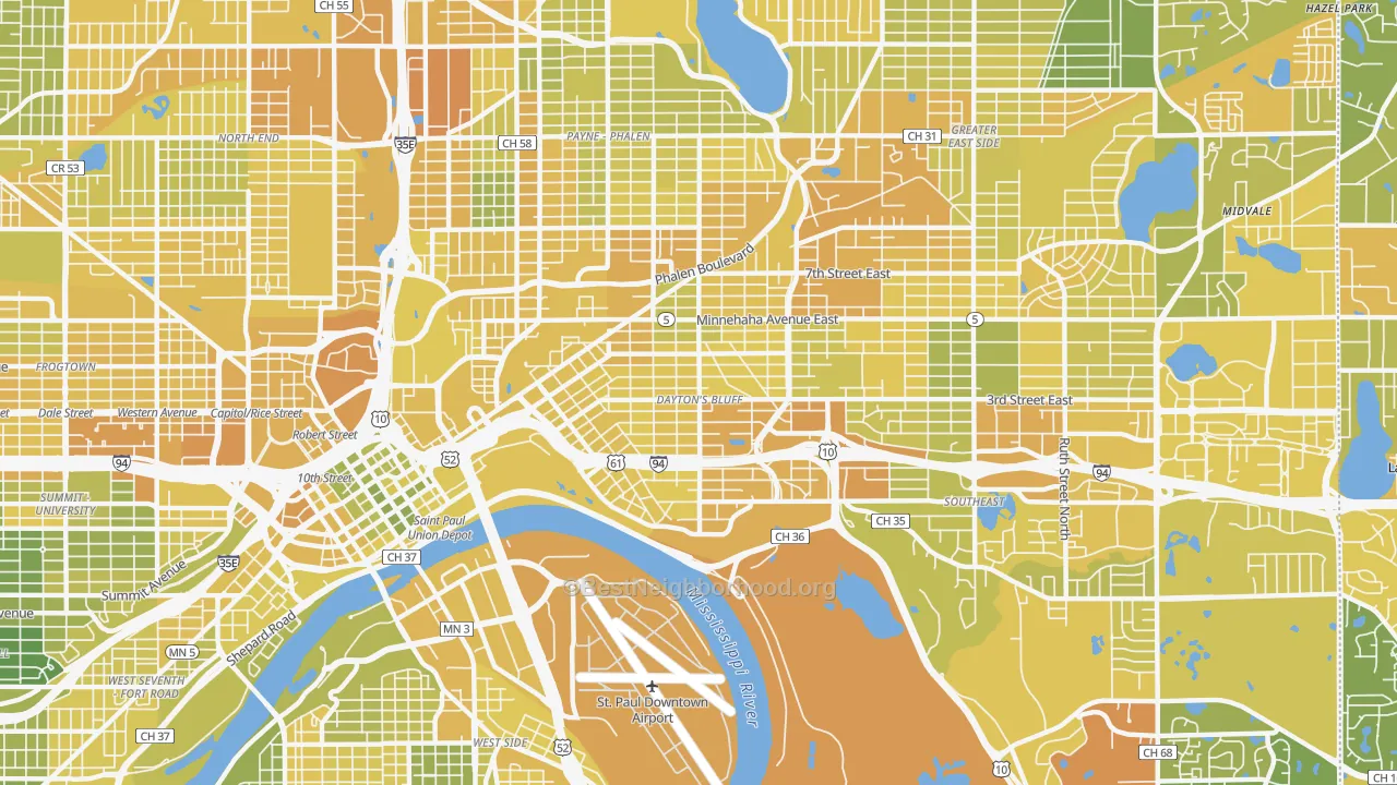 Map of the best neighborhoods in the Dayton's Bluff, St. Paul area, with better matches in green and worse matches in red