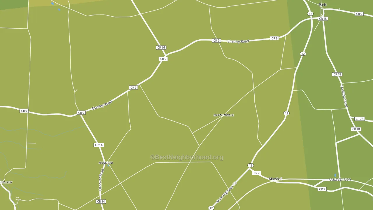 Map of the best neighborhoods in the Daytonville area, with better matches in green and worse matches in red
