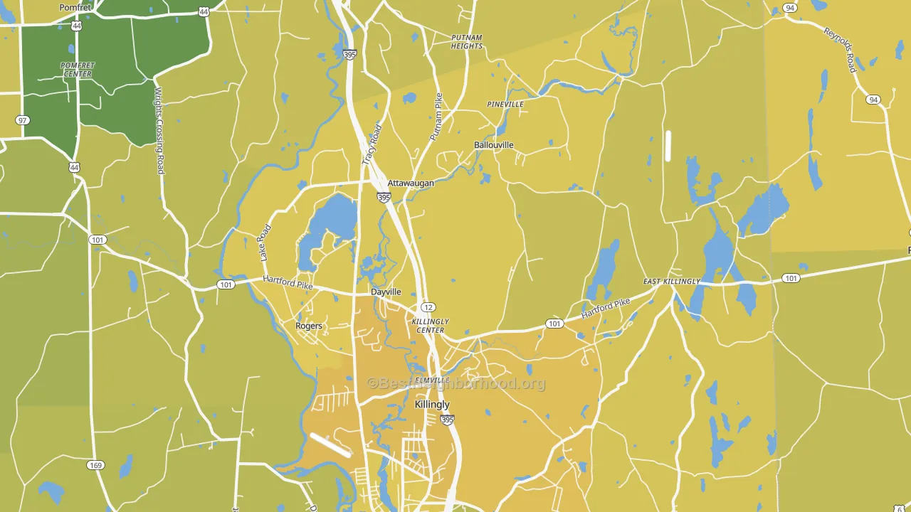 Map of the best neighborhoods in the Dayville area, with better matches in green and worse matches in red