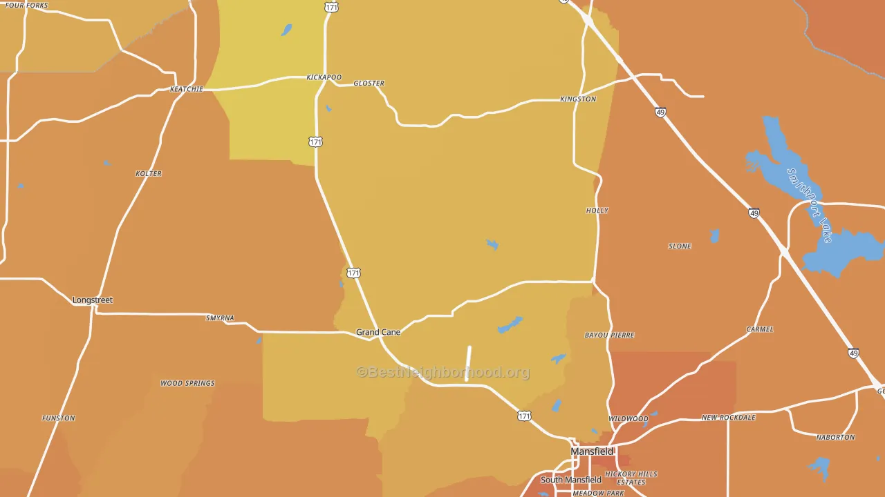 Map of the best neighborhoods in the De Soto Parish area, with better matches in green and worse matches in red
