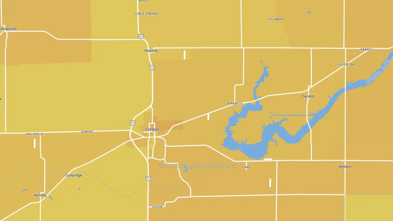 Map of the best neighborhoods in the De Witt County area, with better matches in green and worse matches in red