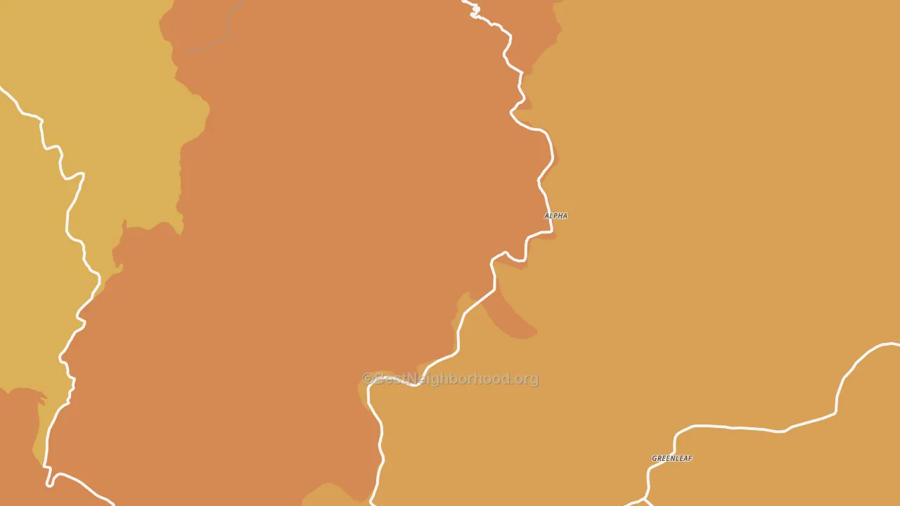 Map of the best neighborhoods in the Deadwood area, with better matches in green and worse matches in red