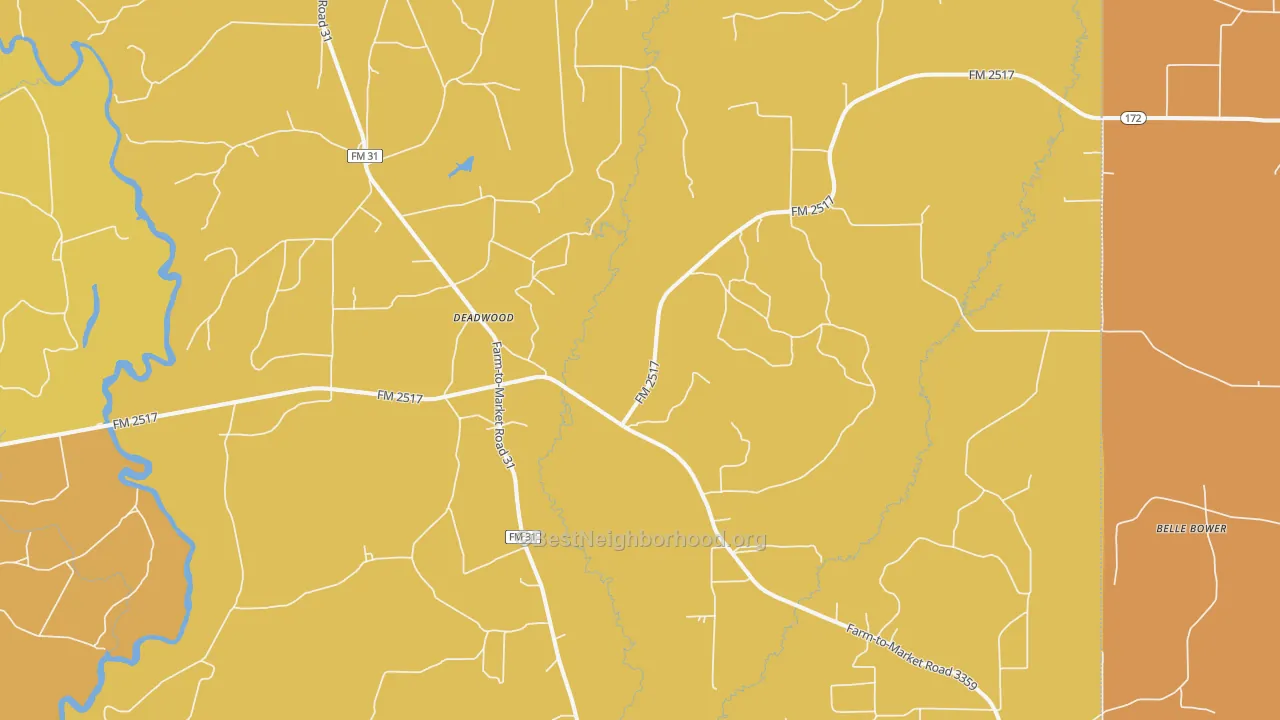 Map of the best neighborhoods in the Deadwood area, with better matches in green and worse matches in red