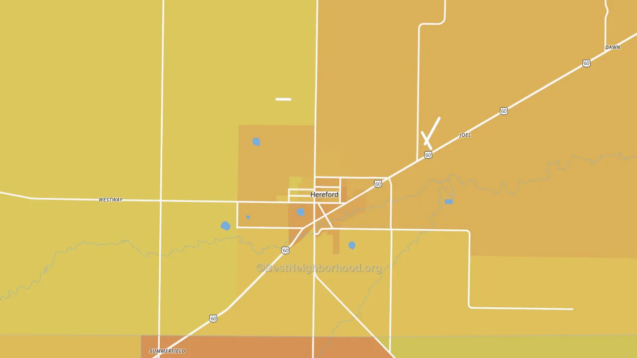 Map of the best neighborhoods in the Deaf Smith County area, with better matches in green and worse matches in red