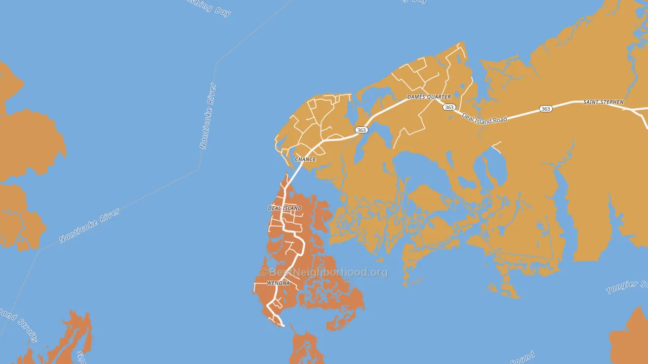 Map of the best neighborhoods in the Deal Island area, with better matches in green and worse matches in red